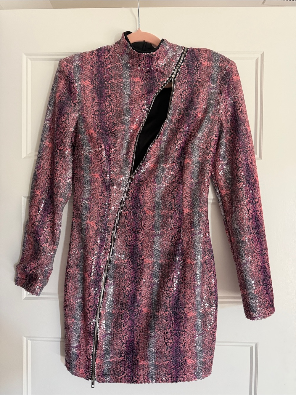 L’Atiste Pink Sequin Snakeskin Zip Front Mini Dress | Size Small | Y2K Glam